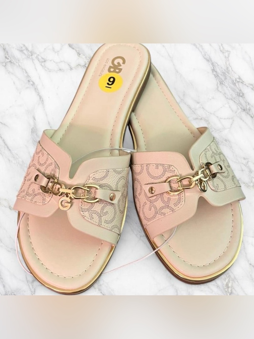 GBG Los Angeles Pink & Cream Chain-Detail Slide Mules
